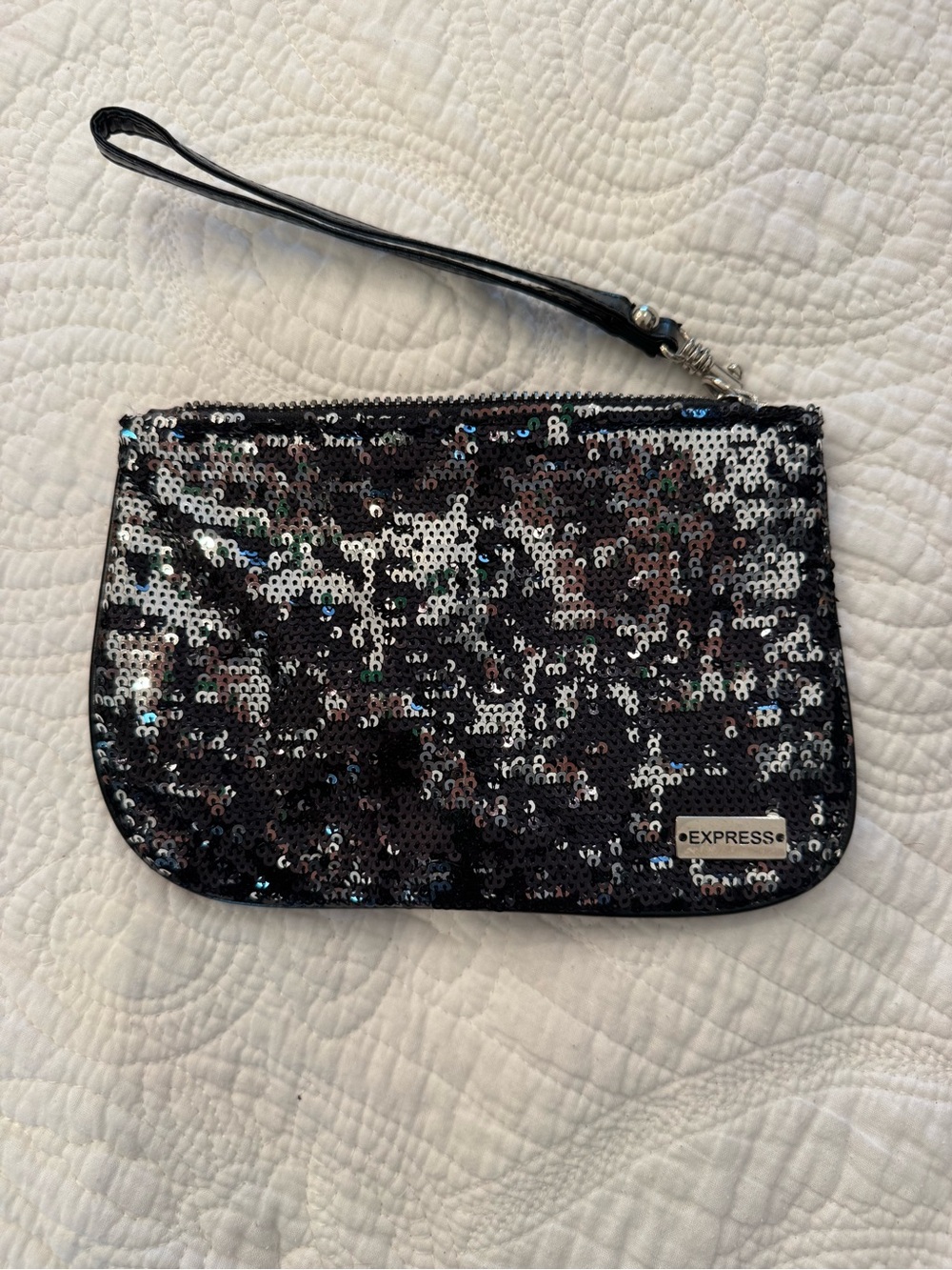 Express Black Sequin Wristlet Clutch with Silver Logo